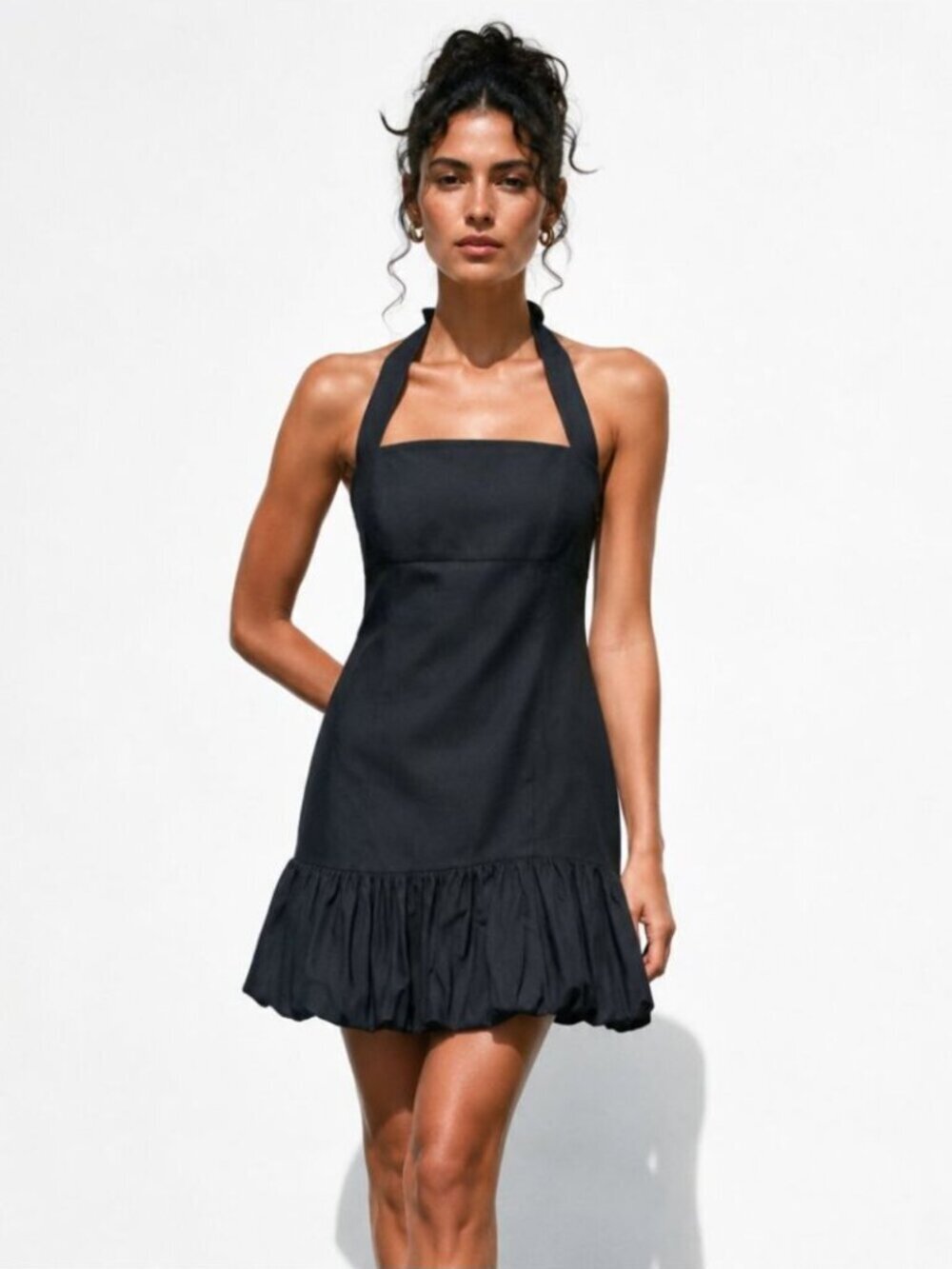 Zara Halter Voluminous Skirt Mini Dress Linen Blend Black Size Medium
